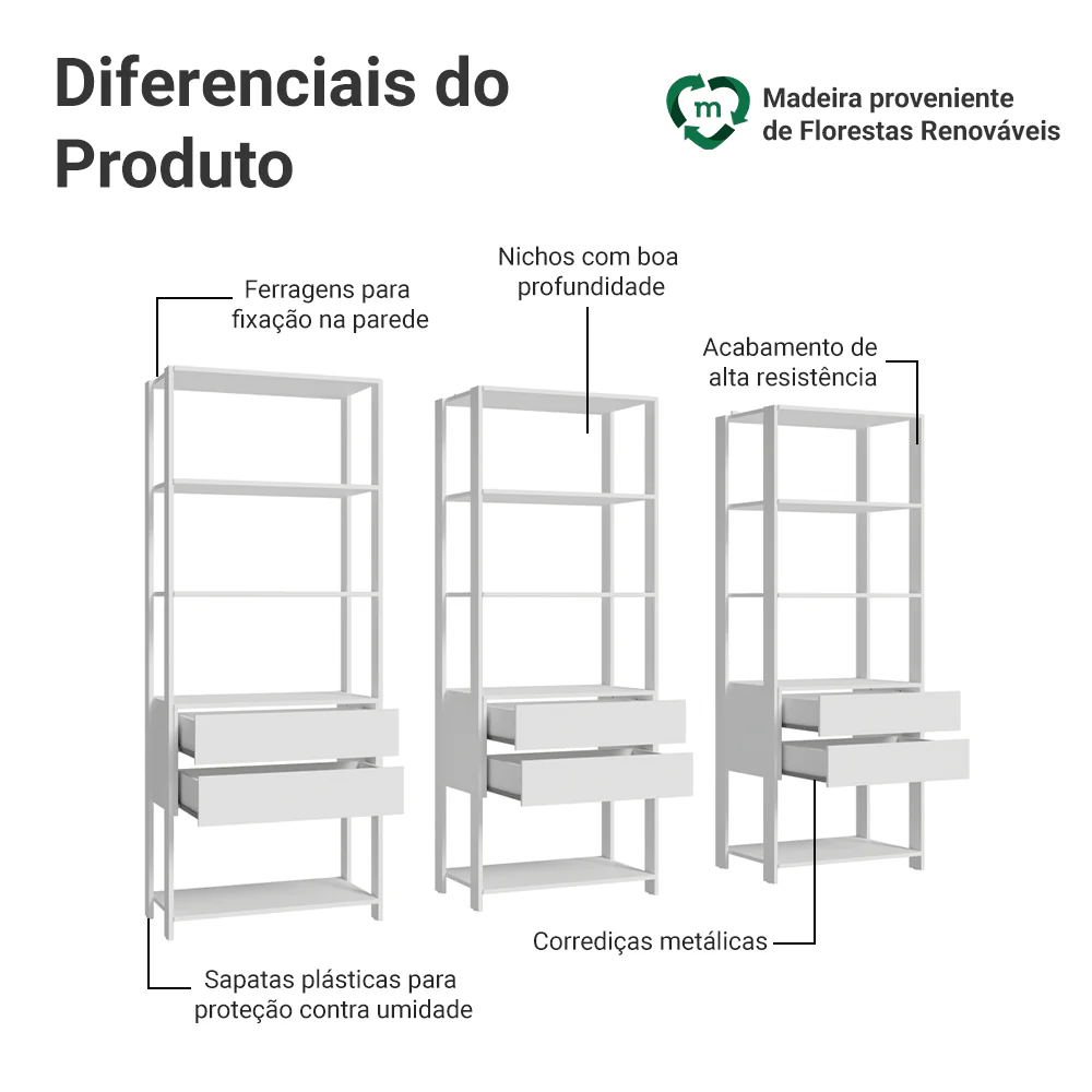 Estante Armário Multiuso para Livros 6 Gavetas 12 Prateleiras 210cm Branco Madesa - Image 4