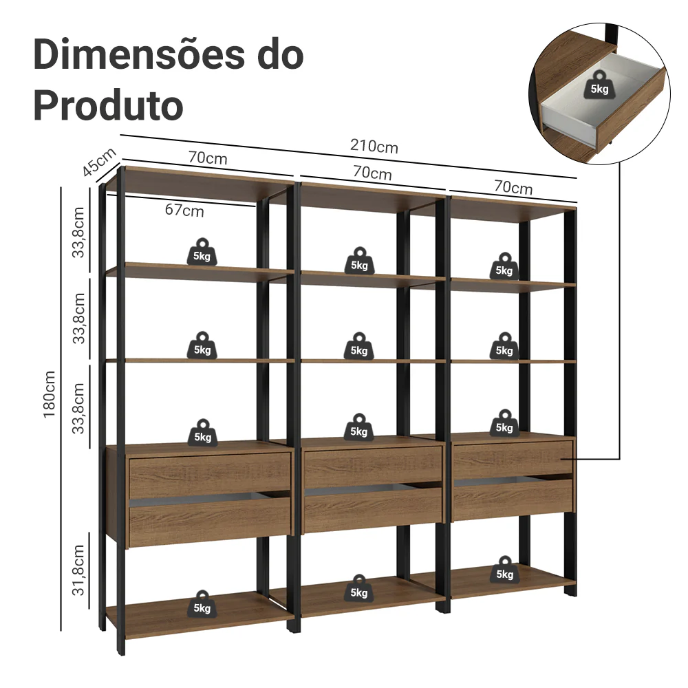 Estante Armário Multiuso para Livros 6 Gavetas 12 prateleiras 210cm Rustic/Preto Madesa - Image 3