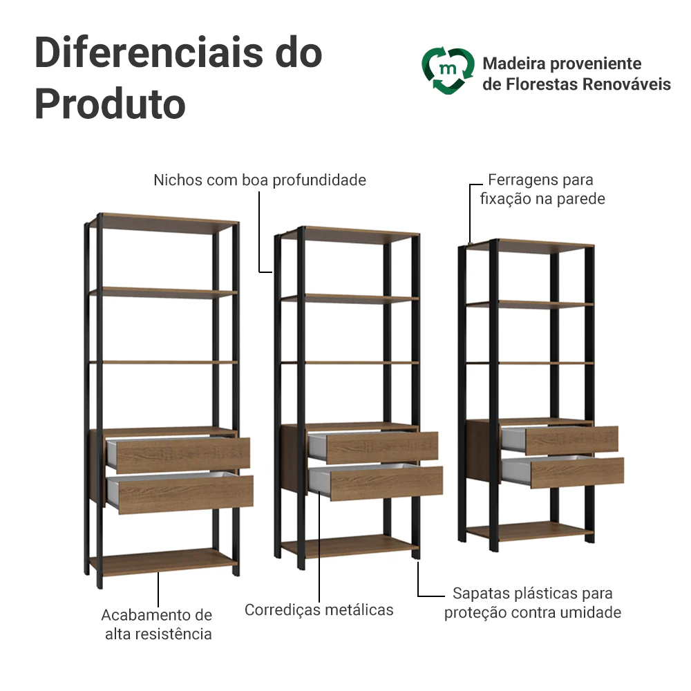 Estante Armário Multiuso para Livros 6 Gavetas 12 prateleiras 210cm Rustic/Preto Madesa - Image 4