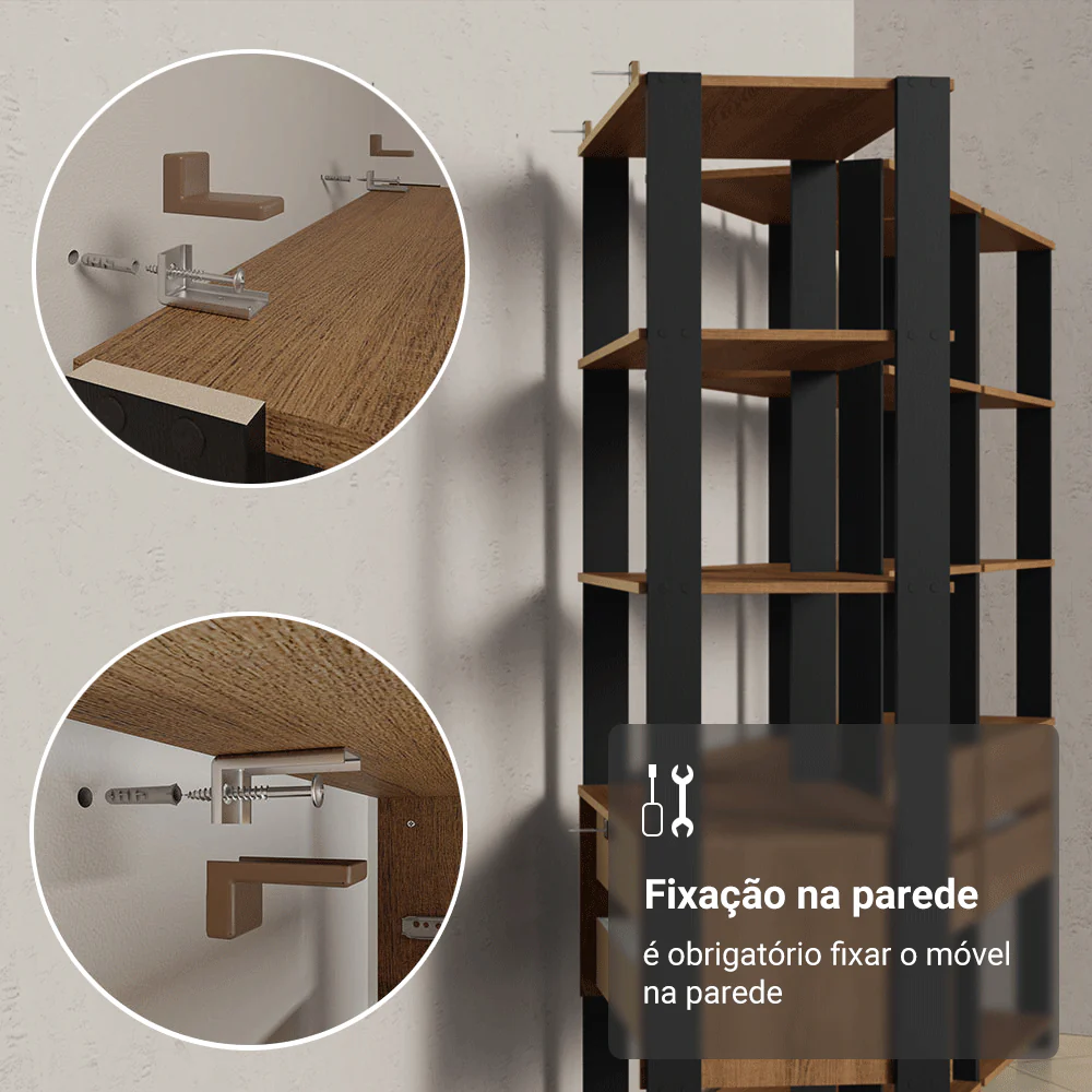 Estante Armário Multiuso para Livros 6 Gavetas 12 prateleiras 210cm Rustic/Preto Madesa - Image 9