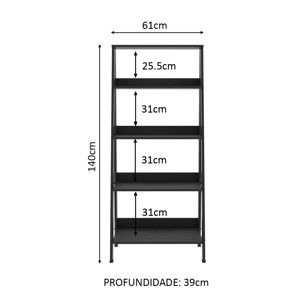 Estante Escada para Livros com 4 Prateleiras Madesa Preto - Image 3