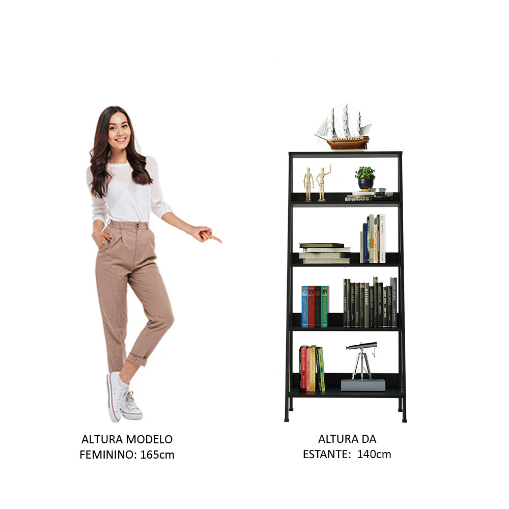 Estante Escada para Livros com 4 Prateleiras Madesa Preto - Image 5