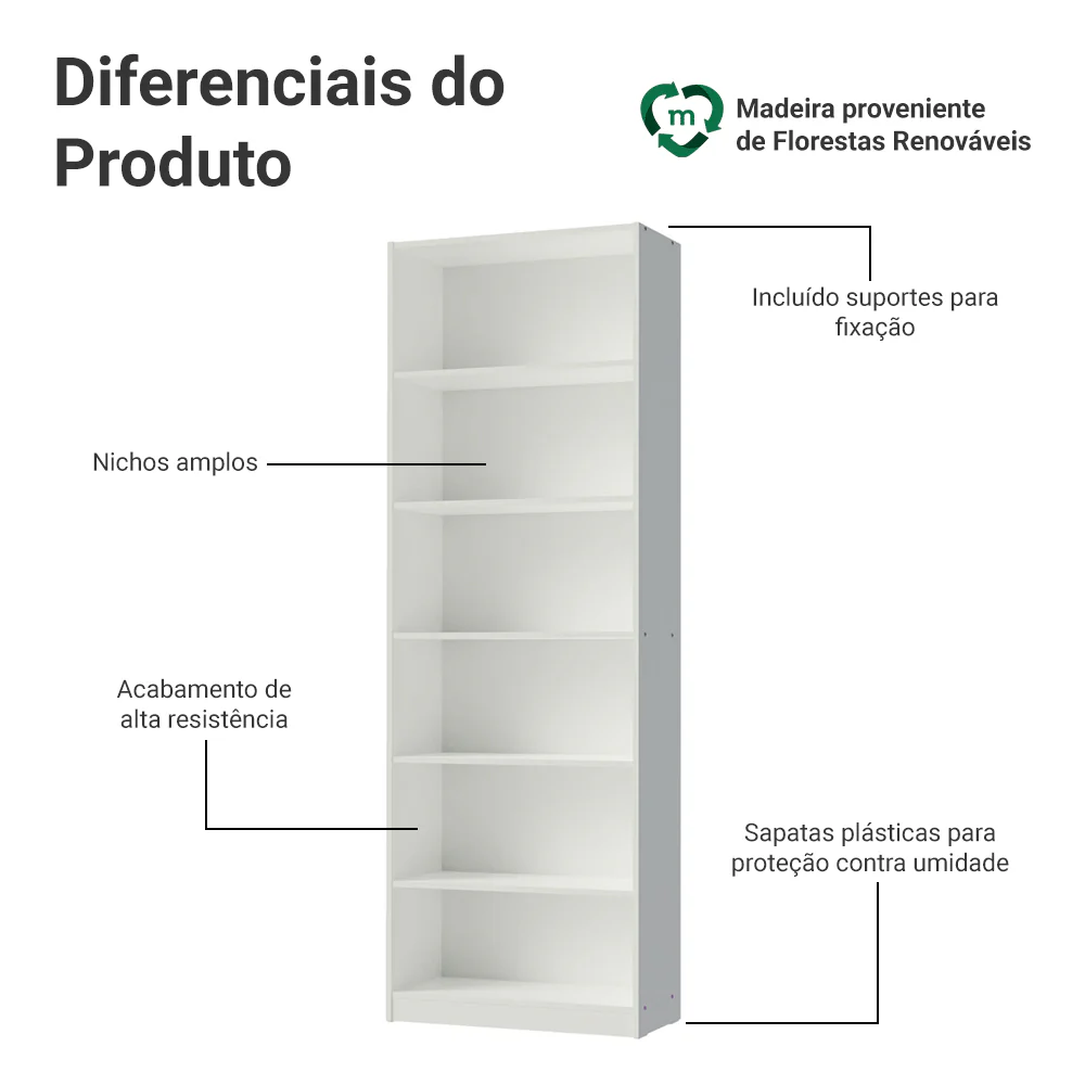 Estante Livreiro com 6 Nichos Branco 6908 Madesa - Image 4