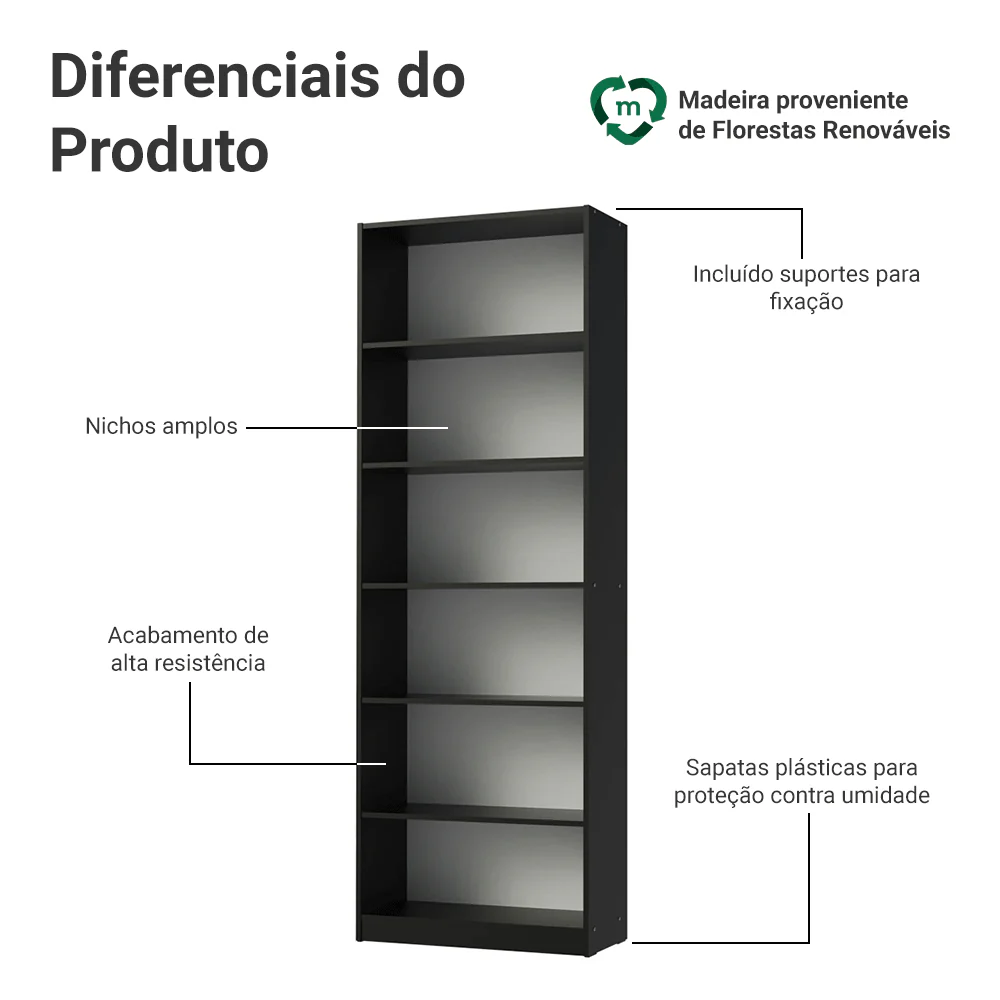Estante Livreiro Madesa 6908 com 6 Nichos Preto - Image 4
