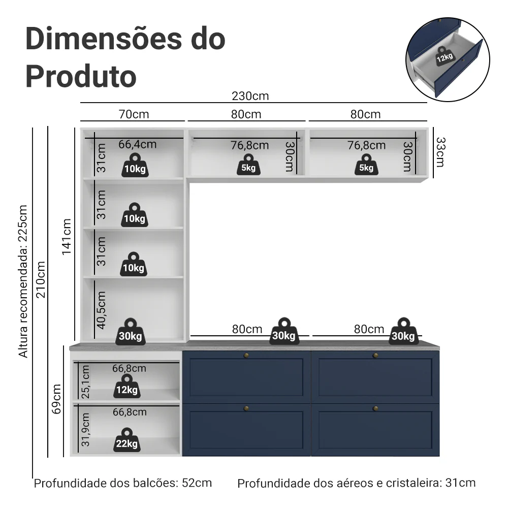 Estante Sala de Estar com Rack + Cristaleira 230cm Branco/Azul/Branco Vik Madesa 01 - Image 3