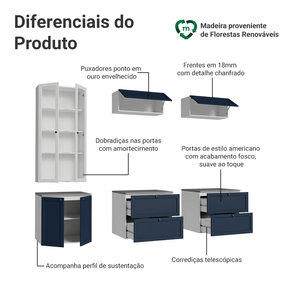 Estante Sala de Estar com Rack + Cristaleira 230cm Branco/Azul/Branco Vik Madesa 01 - Image 4