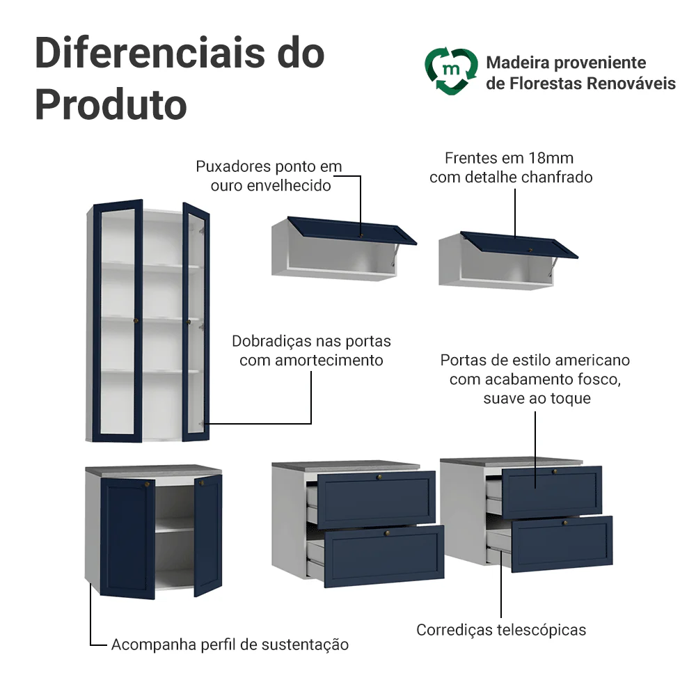 Estante Sala de Estar com Rack + Cristaleira 230cm Branco/Azul Vik Madesa 01 - Image 4