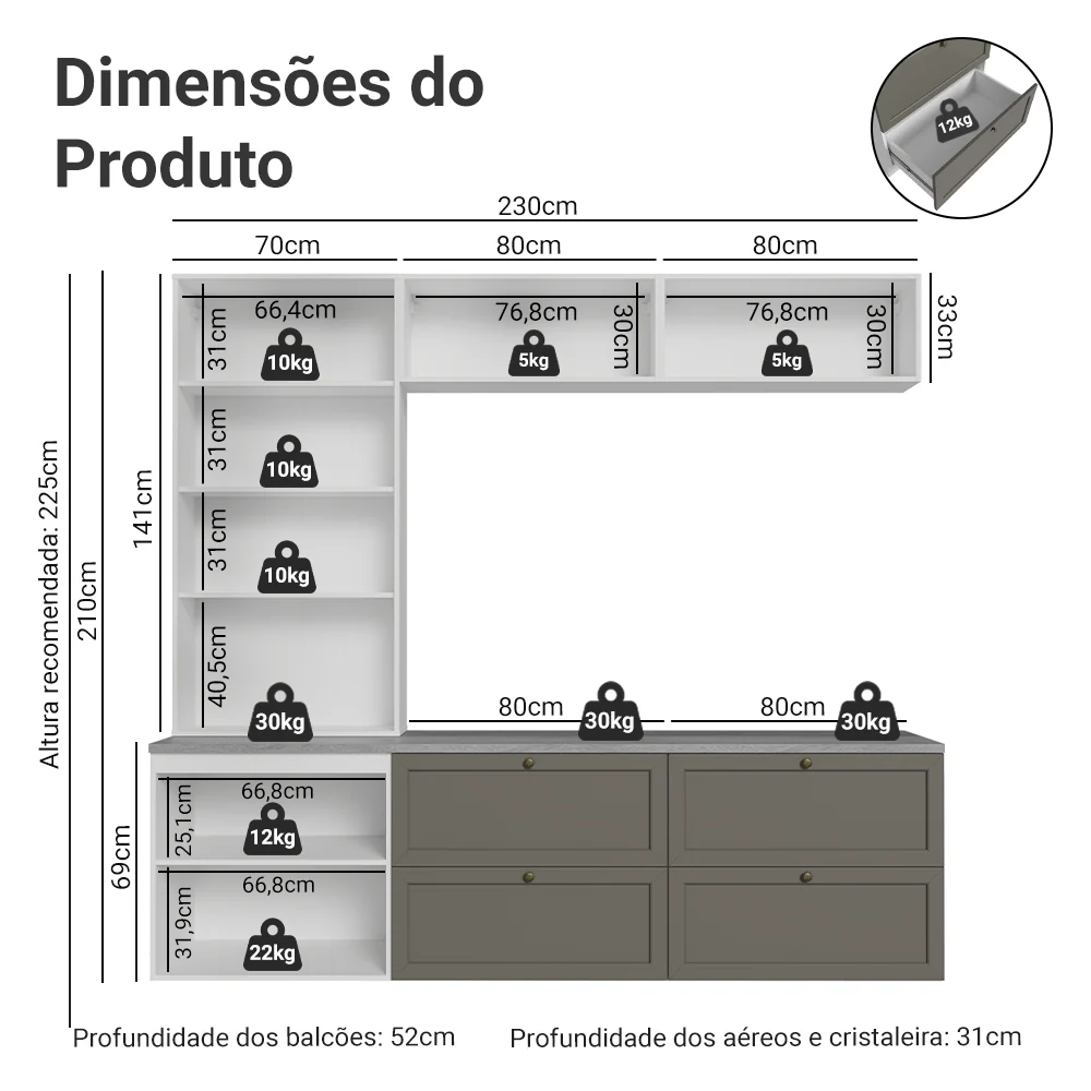 Estante Sala de Estar com Rack + Cristaleira 230cm Branco/Cinza/Branco Vik Madesa 01 - Image 3