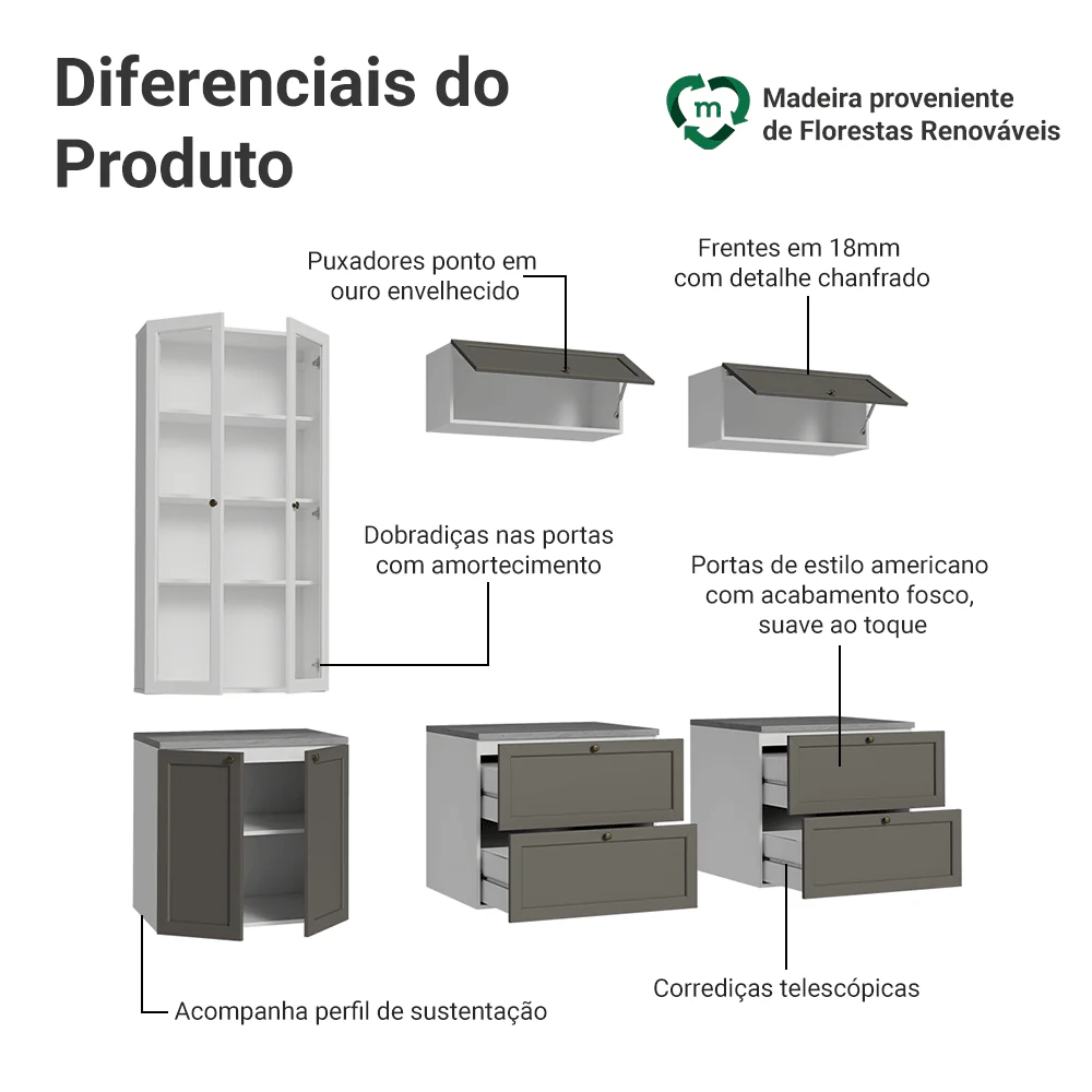 Estante Sala de Estar com Rack + Cristaleira 230cm Branco/Cinza/Branco Vik Madesa 01 - Image 4