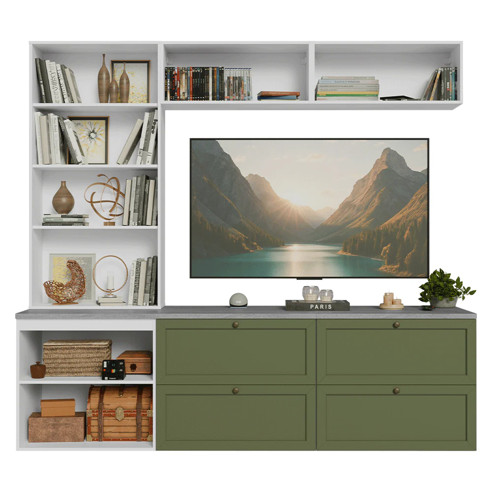 Estante Sala de Estar com Rack + Cristaleira 230cm Branco/Verde/Branco Vik Madesa 01 - Image 6