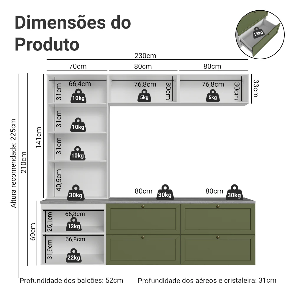 Estante Sala de Estar com Rack + Cristaleira 230cm Branco/Verde Vik Madesa 01 - Image 3