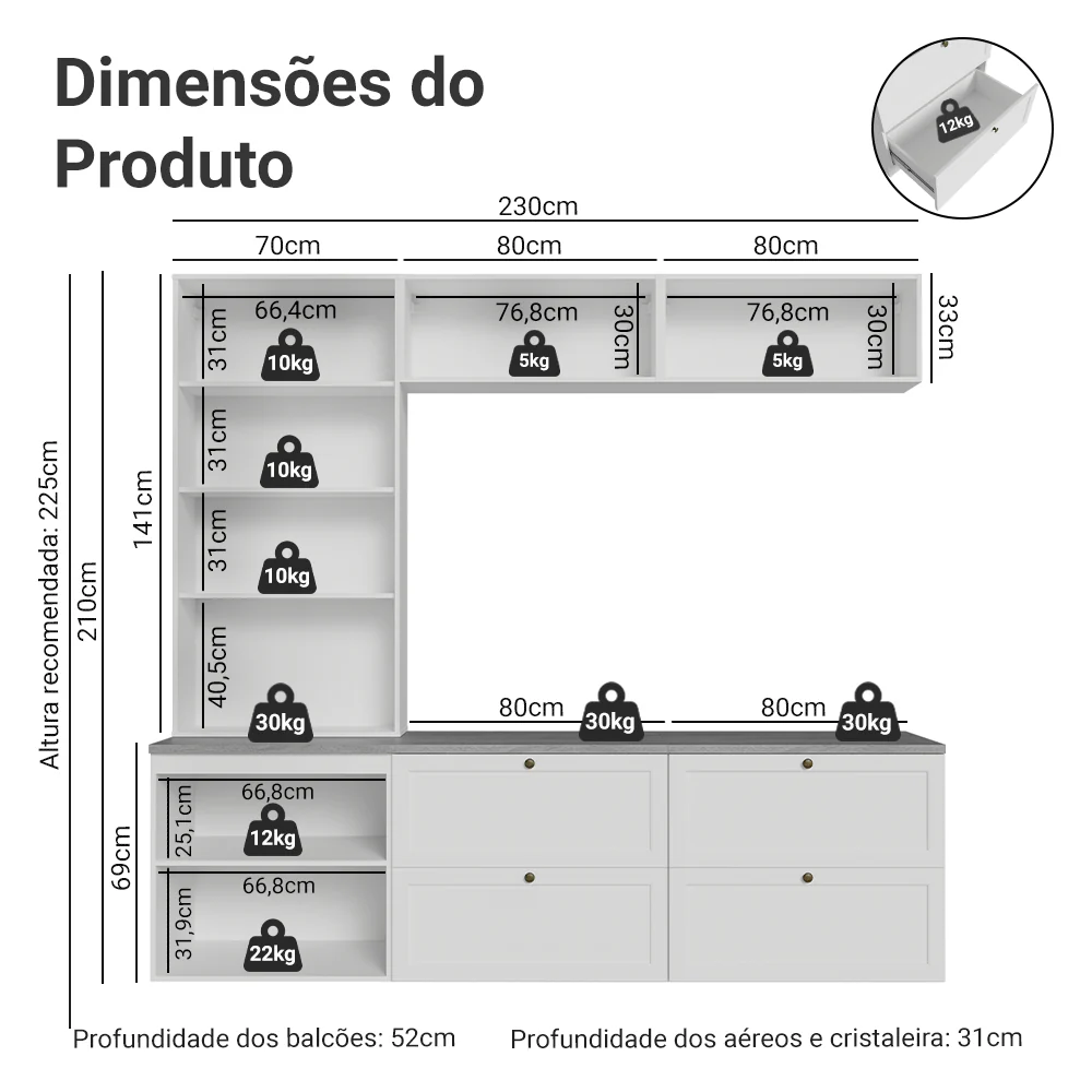Estante Sala de Estar com Rack + Cristaleira 230cm Branco Vik Madesa 01 - Image 3