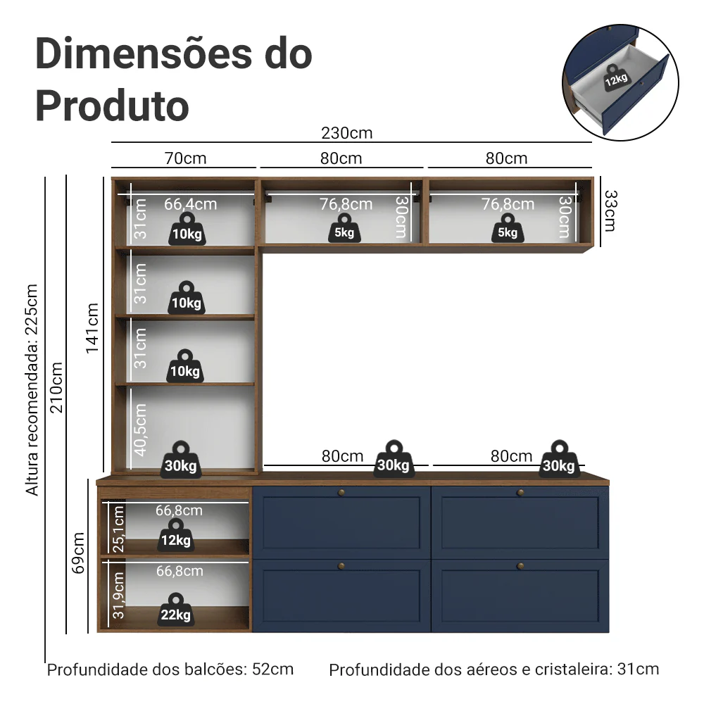 Estante Sala de Estar com Rack + Cristaleira 230cm Rustic/Azul/Rustic Vik Madesa 02 - Image 3