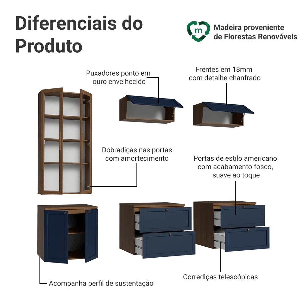 Estante Sala de Estar com Rack + Cristaleira 230cm Rustic/Azul/Rustic Vik Madesa 02 - Image 4