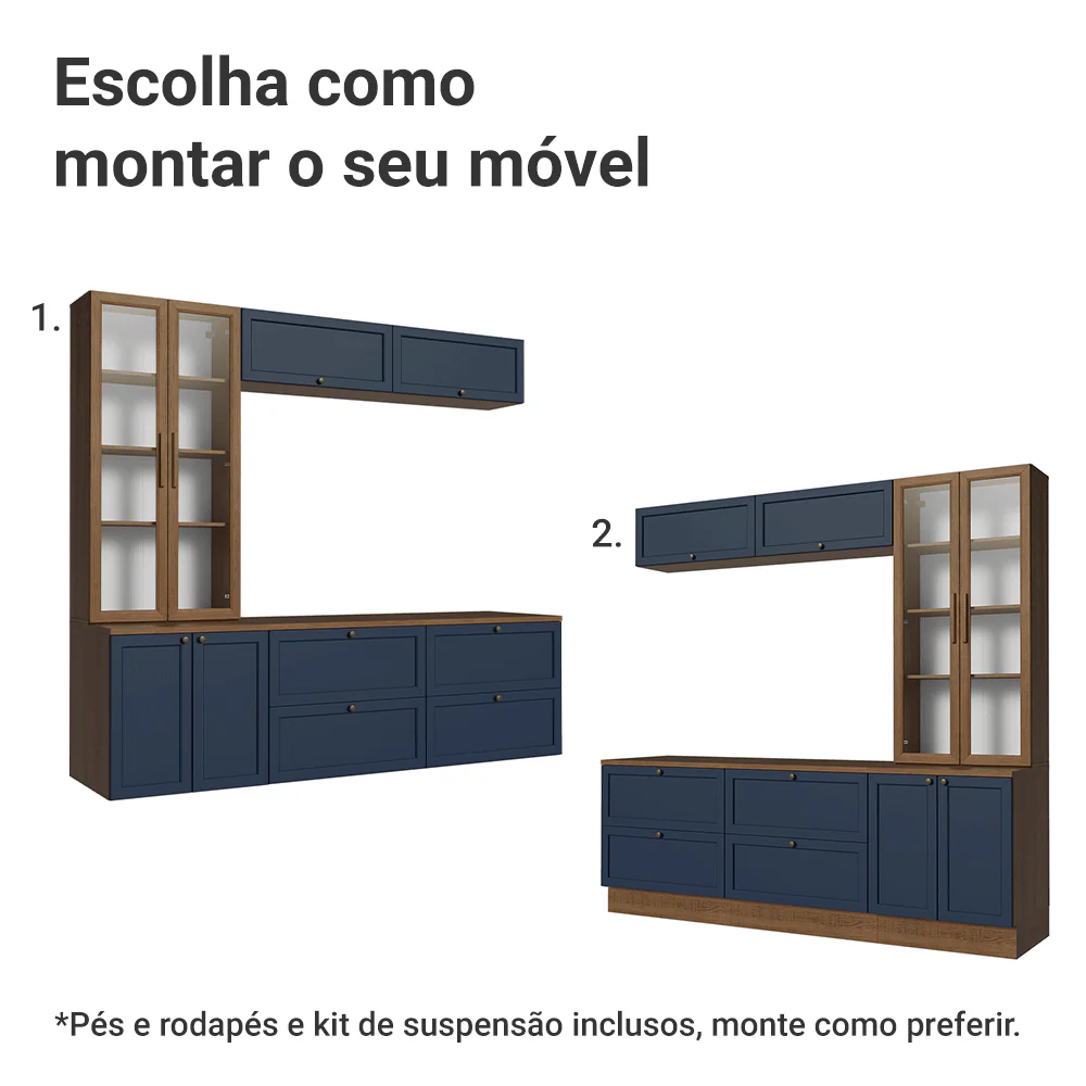 Estante Sala de Estar com Rack + Cristaleira 230cm Rustic/Azul/Rustic Vik Madesa 02 - Image 5