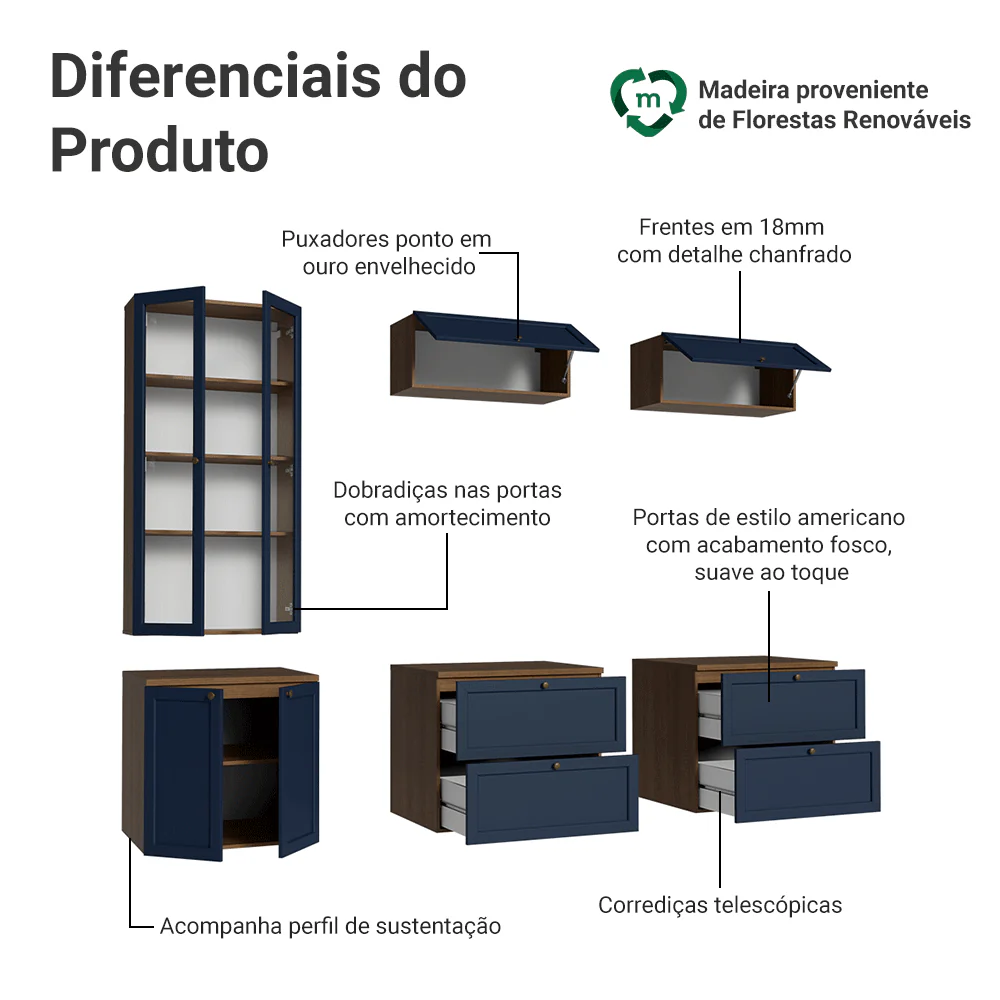 Estante Sala de Estar com Rack + Cristaleira 230cm Rustic/Azul Vik Madesa 01 - Image 4