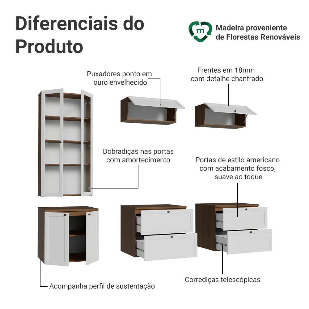 Estante Sala de Estar com Rack + Cristaleira 230cm Rustic/Branco Vik Madesa 01 - Image 4