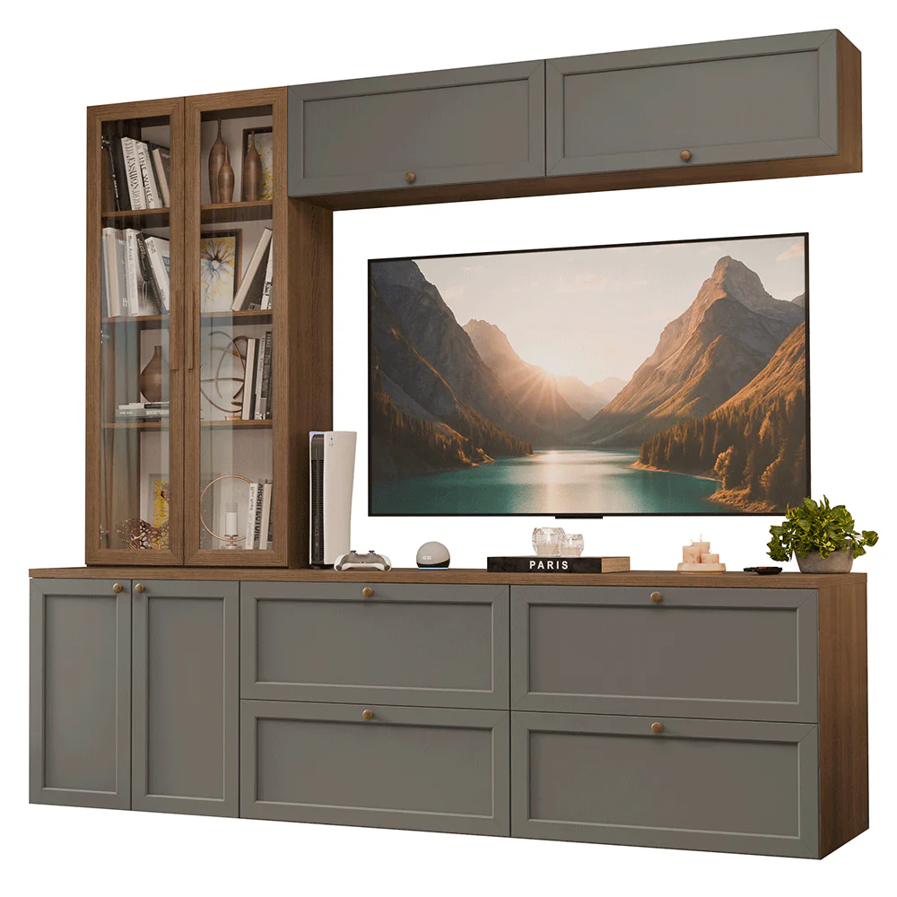 Estante Sala de Estar com Rack + Cristaleira 230cm Rustic/Cinza/Rustic Vik Madesa 02 - Image 2