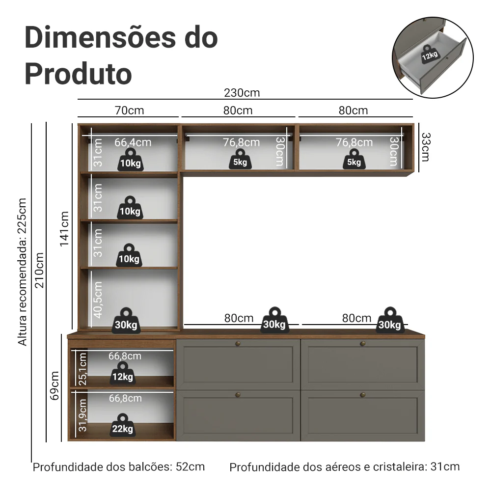 Estante Sala de Estar com Rack + Cristaleira 230cm Rustic/Cinza/Rustic Vik Madesa 02 - Image 3
