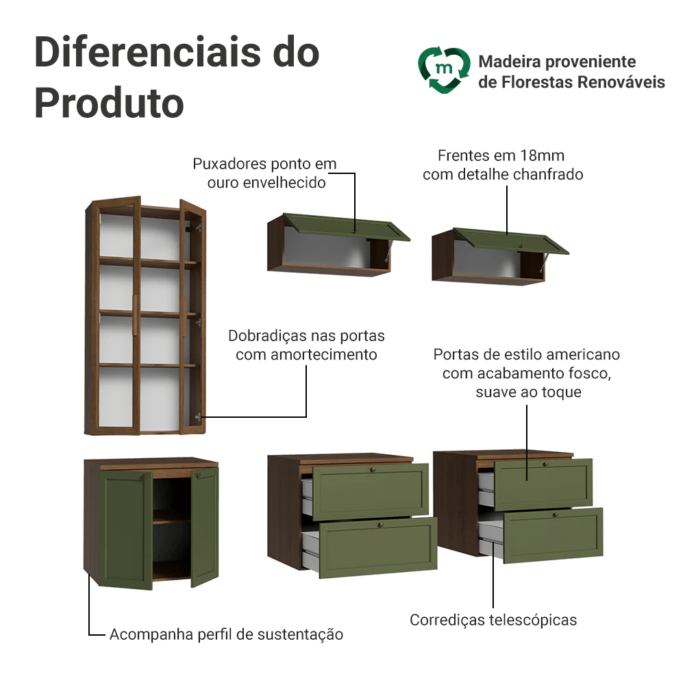 Estante Sala de Estar com Rack + Cristaleira 230cm Rustic/Verde/Rustic Vik Madesa 02 - Image 4
