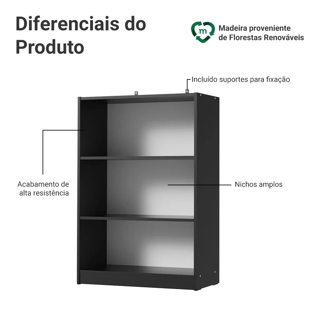 Estante Sapateira 3 Prateleiras Sem Portas Preto Madesa - Image 4