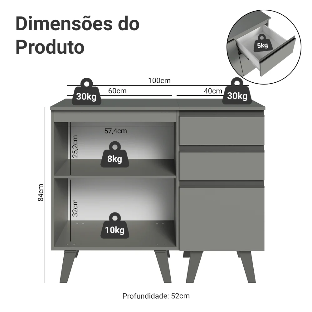 Gabinete para Banheiro 100cm 1 Porta 3 Gavetas Cinza Nice Madesa 04 - Image 3
