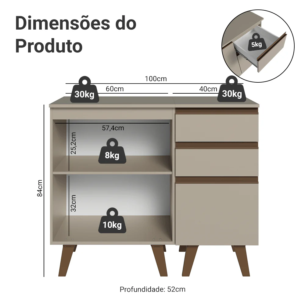 Gabinete para Banheiro 100cm 1 Porta 3 Gavetas Crema Nice Madesa 04 - Image 3