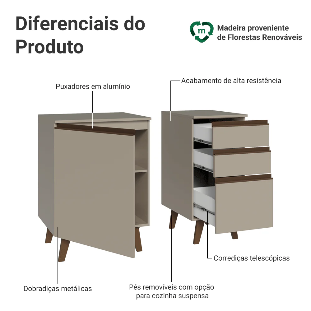 Gabinete para Banheiro 100cm 1 Porta 3 Gavetas Crema Nice Madesa 04 - Image 4