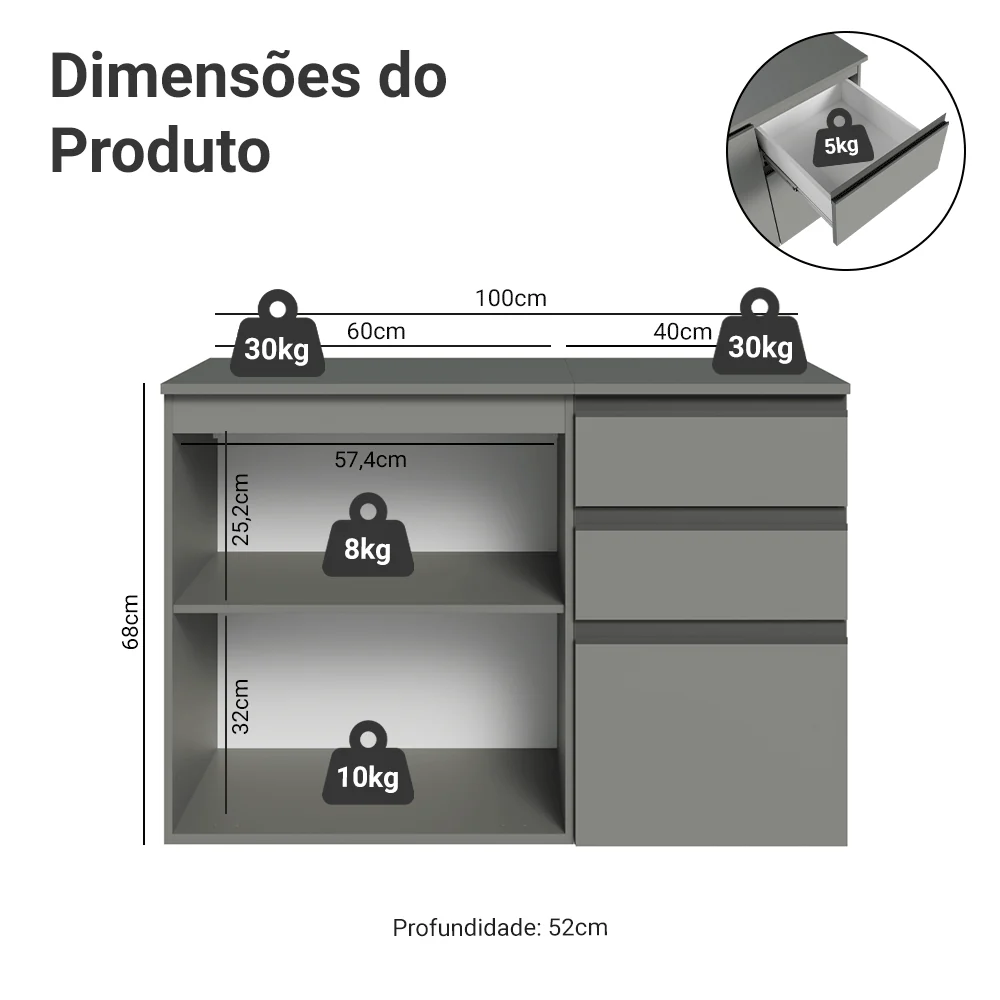 Gabinete Suspenso para Banheiro 100cm 1 Porta 3 Gavetas Cinza Nice Madesa 03 - Image 3