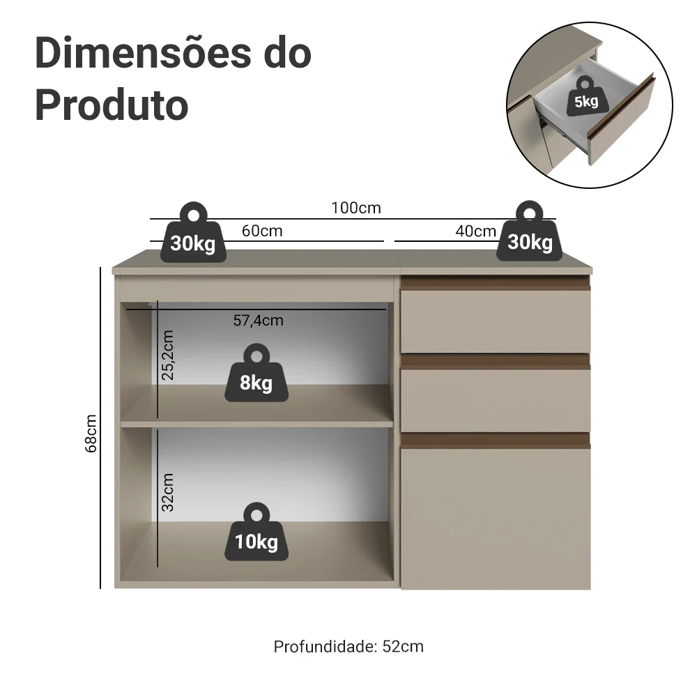 Gabinete Suspenso para Banheiro 100cm 1 Porta 3 Gavetas Crema Nice Madesa 03 - Image 3