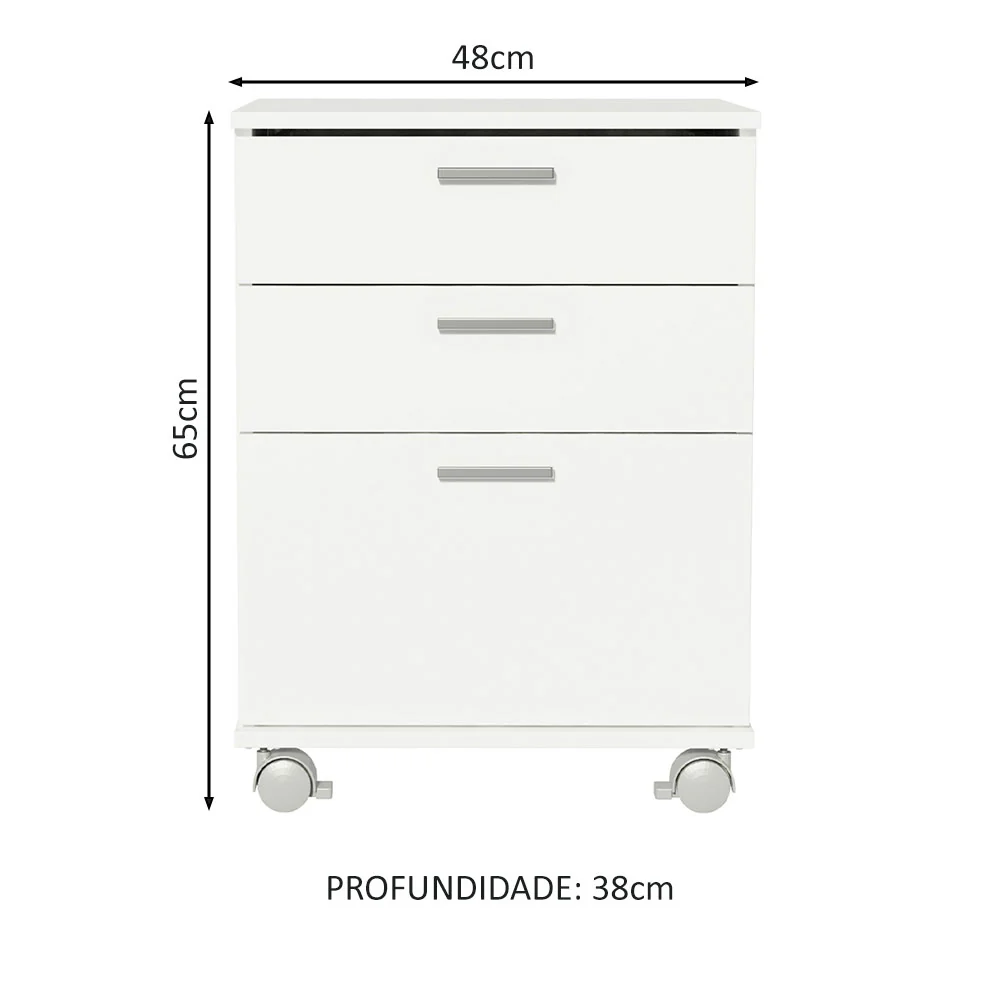 Gaveteiro Organizador para Escritório 3322 Madesa 3 Gavetas com Rodinhas Branco - Image 3