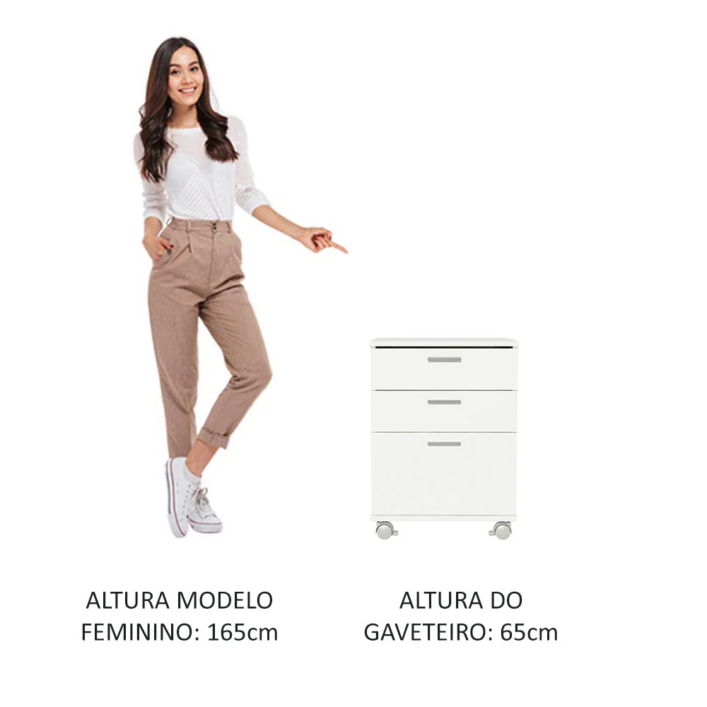 Gaveteiro Organizador para Escritório 3322 Madesa 3 Gavetas com Rodinhas Branco - Image 5