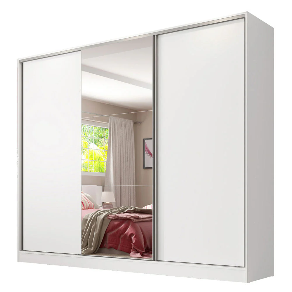 Guarda-Roupa Casal 100% MDF Madesa Royale 3 Portas de Correr com Espelho Branco - Image 3