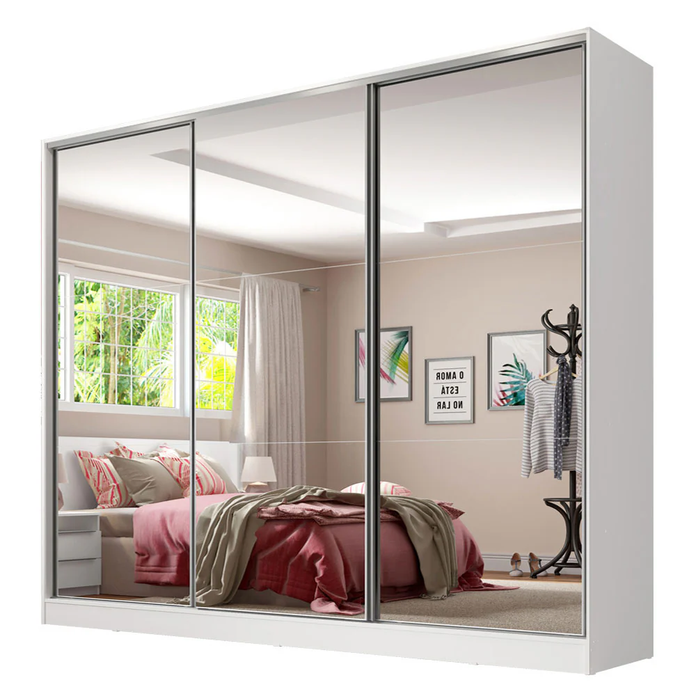 Guarda-Roupa Casal 100% MDF 3 Portas de Correr de Espelho Branco Royale Madesa - Image 2