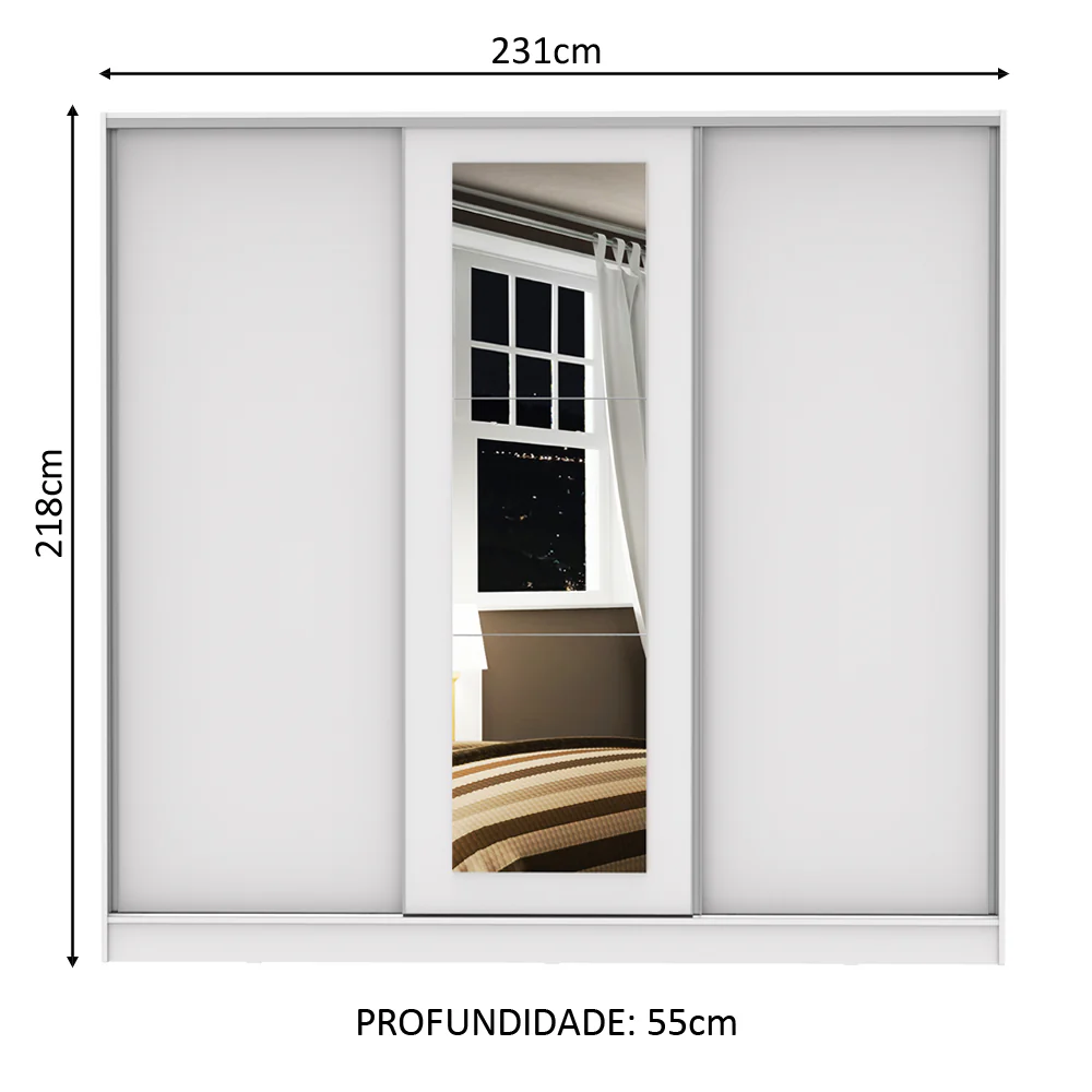 Guarda-Roupa Casal 100% MDF Madesa Eros 3 Portas de Correr com Espelho Branco - Image 3