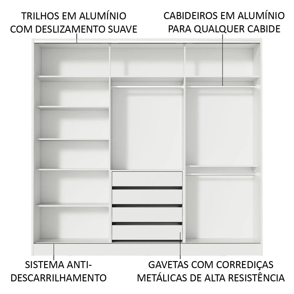 Guarda-Roupa Casal 100% MDF Madesa Eros 3 Portas de Correr com Espelho Branco - Image 5