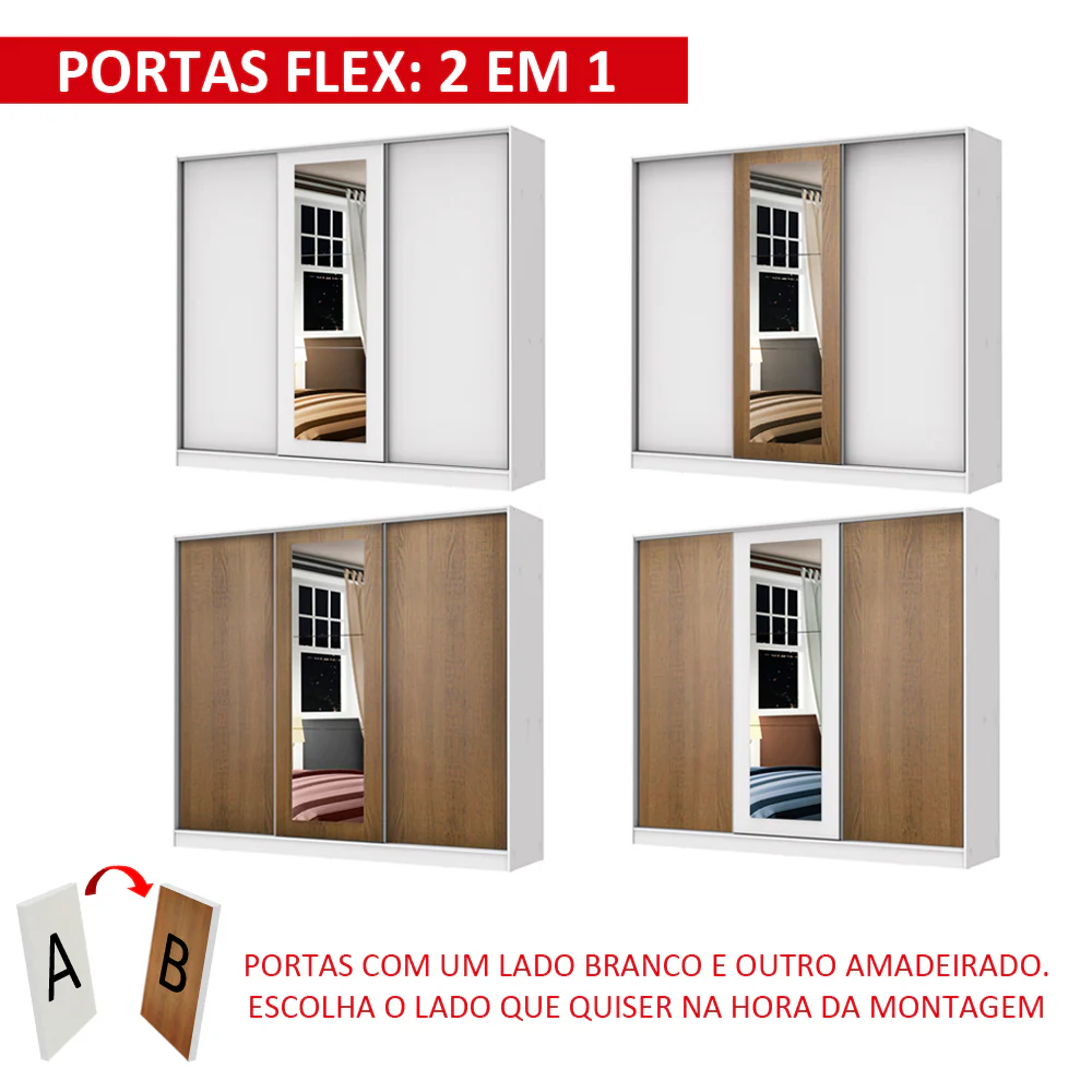 Guarda-Roupa Casal 100% MDF Madesa Eros 3 Portas de Correr com Espelho Branco - Image 8