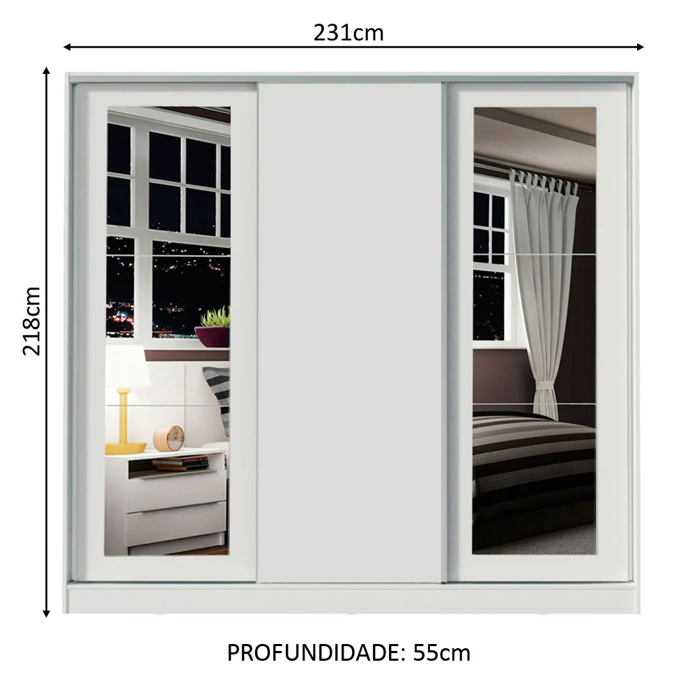 Guarda-Roupa Casal 100% MDF Madesa Eros 3 Portas de Correr com Espelhos Branco - Image 3
