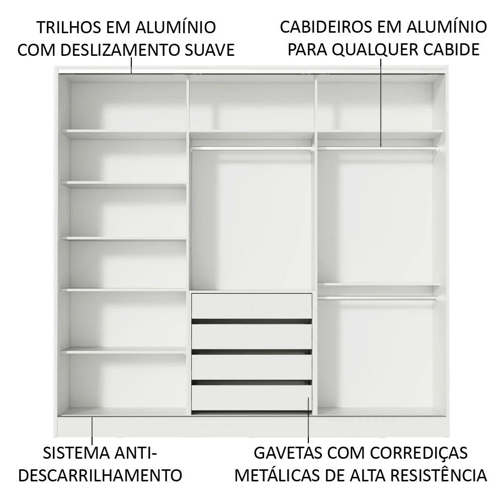 Guarda-Roupa Casal 100% MDF Madesa Eros 3 Portas de Correr com Espelhos Branco - Image 5