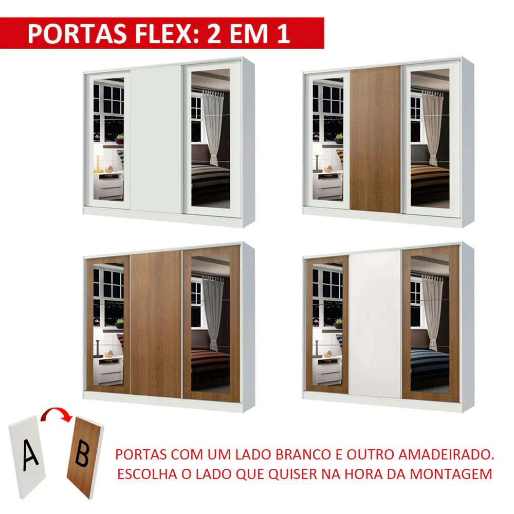 Guarda-Roupa Casal 100% MDF Madesa Eros 3 Portas de Correr com Espelhos Branco - Image 7