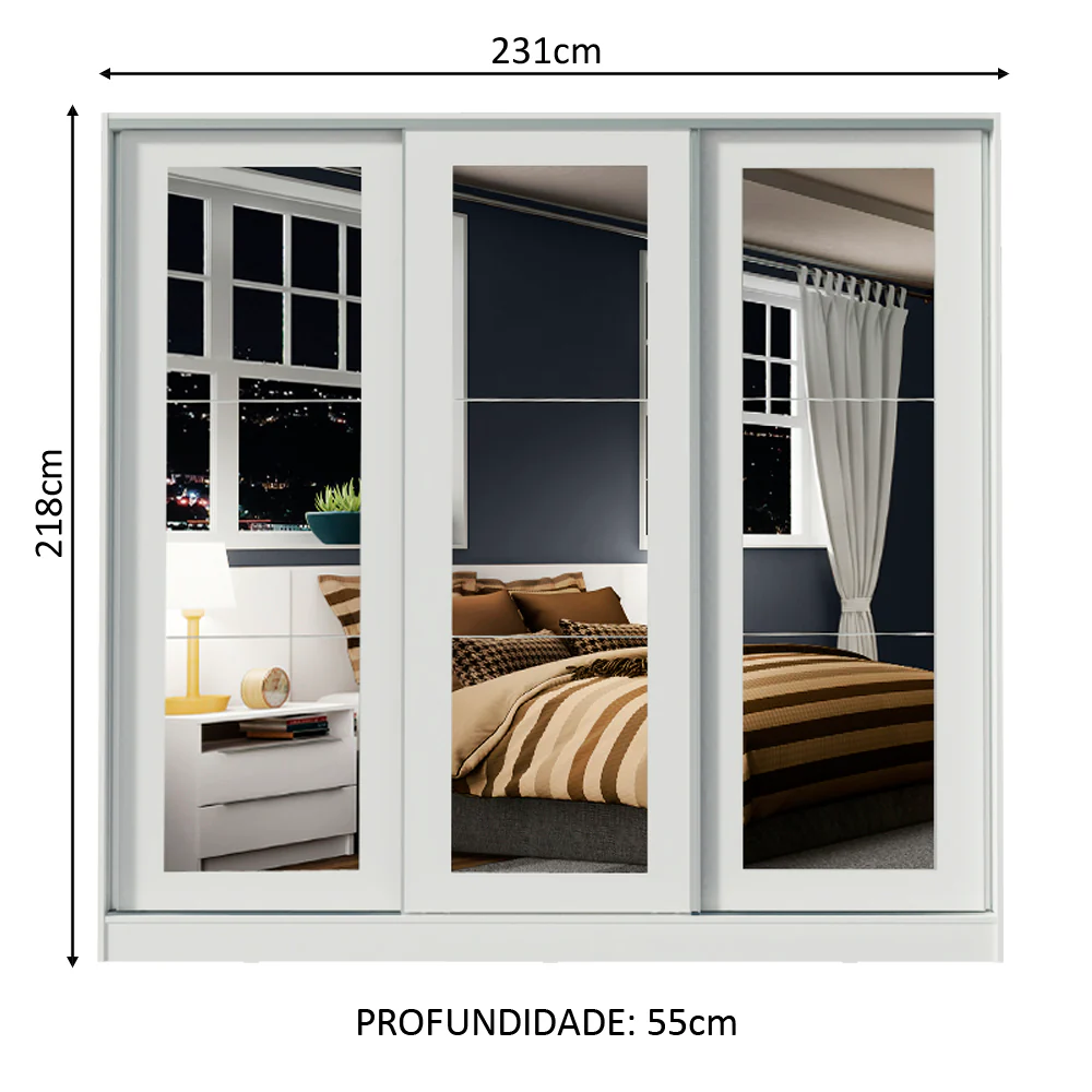 Guarda-Roupa Casal 100% MDF Madesa Eros 3 Portas de Correr de Espelho Branco - Image 3
