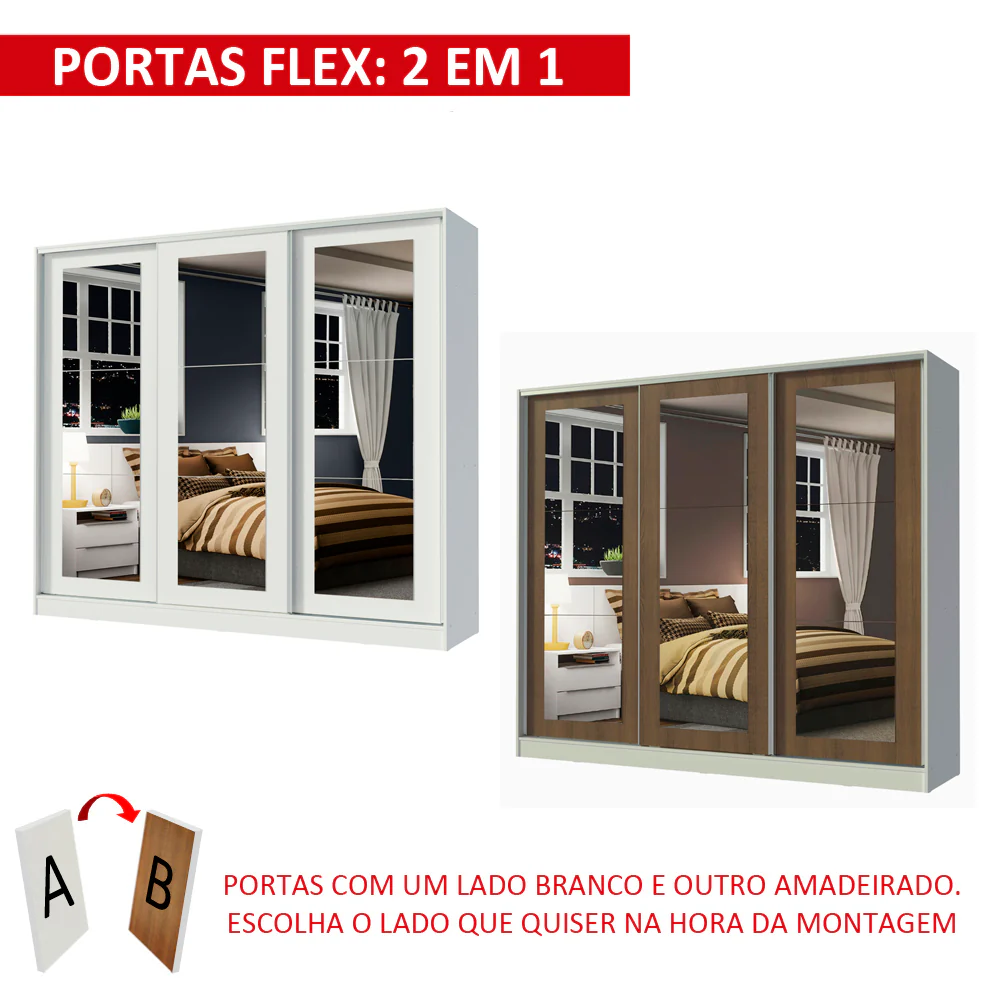 Guarda-Roupa Casal 100% MDF Madesa Eros 3 Portas de Correr de Espelho Branco - Image 8