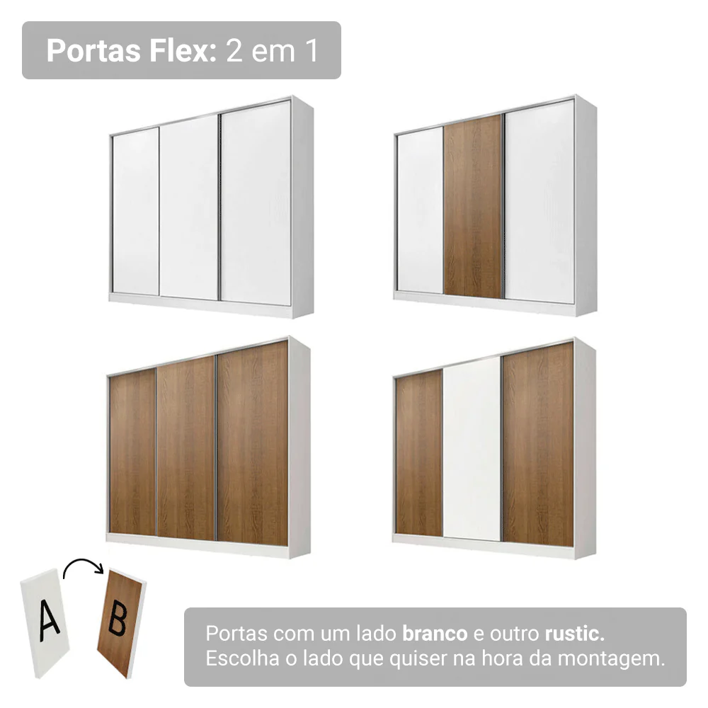 Guarda-Roupa Casal 100% MDF 3 Portas de Correr Branco Royale Madesa - Image 9