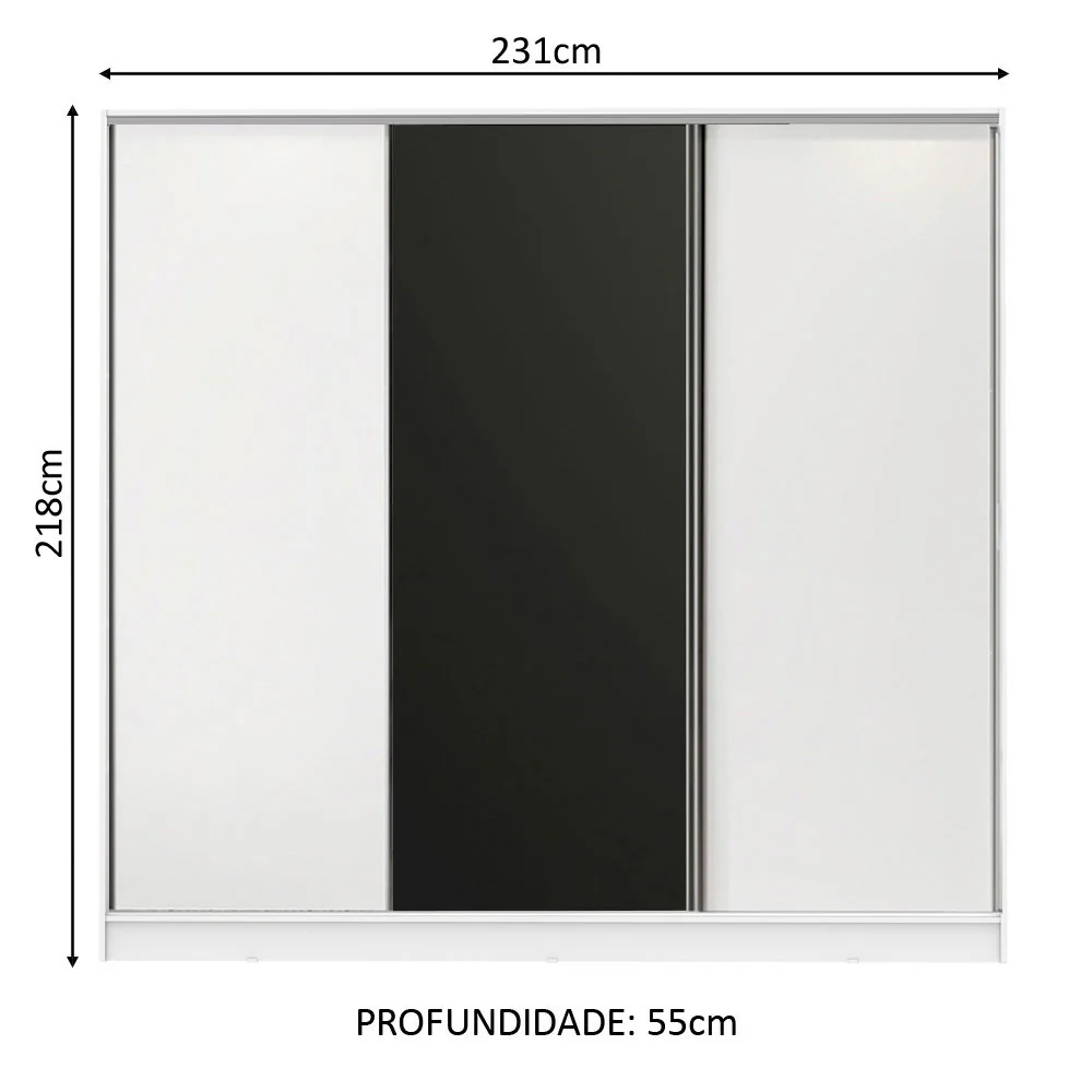 Guarda-Roupa Casal 100% MDF Madesa Royale 3 Portas de Correr Branco/Branco/Preto - Image 3