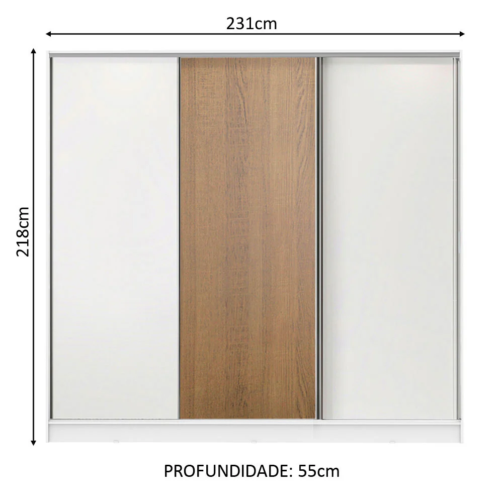 Guarda-Roupa Casal 100% MDF Madesa Royale 3 Portas de Correr Branco/Branco/Rustic - Image 3