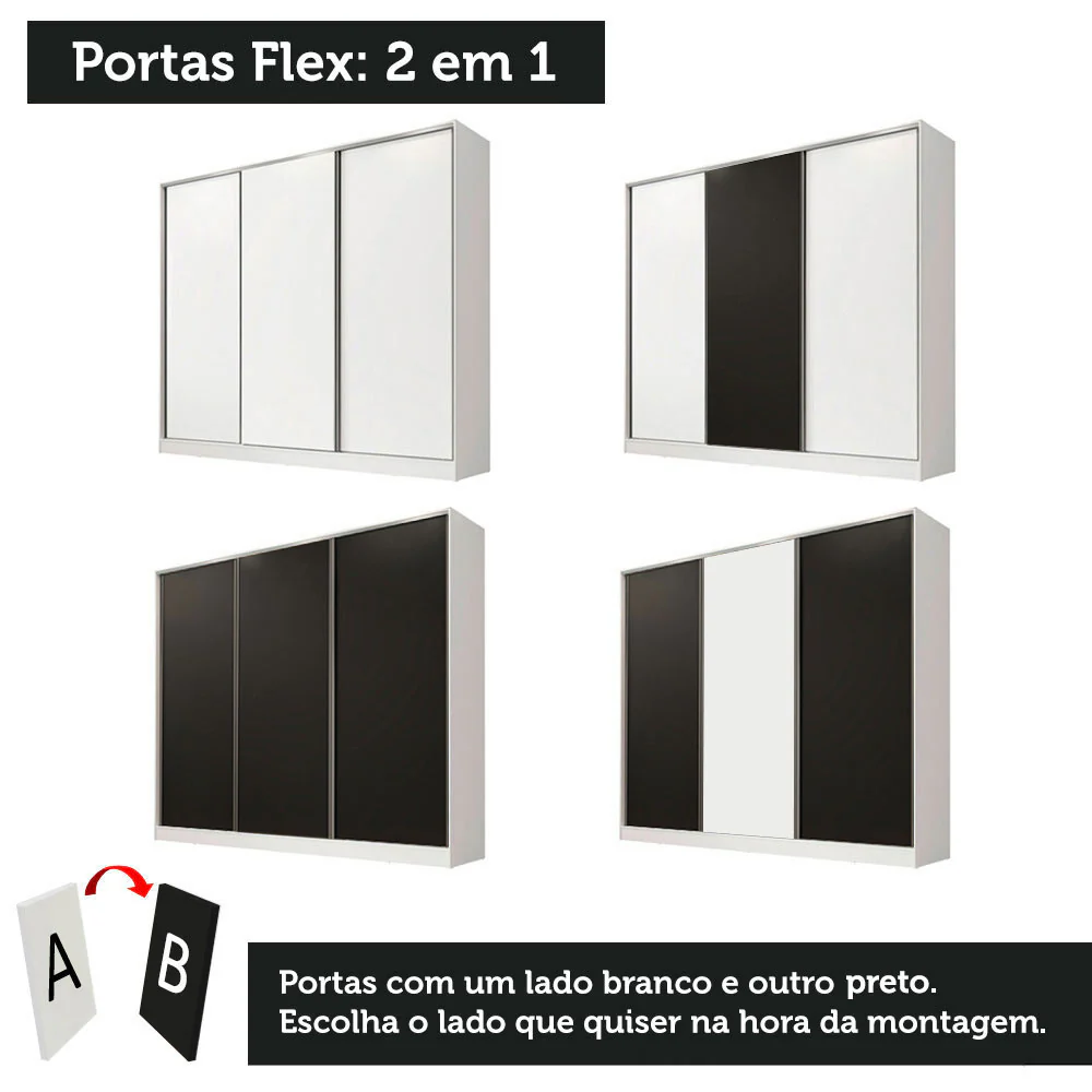 Guarda-Roupa Casal 100% MDF Madesa Royale 3 Portas de Correr Branco/Preto - Image 10