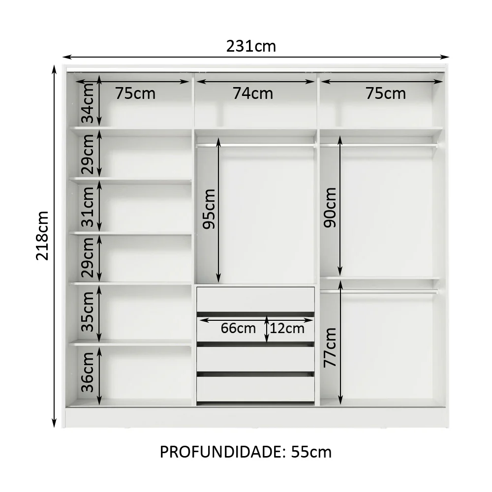 Guarda-Roupa Casal 100% MDF Madesa Royale 3 Portas de Correr Branco/Preto/Branco - Image 11