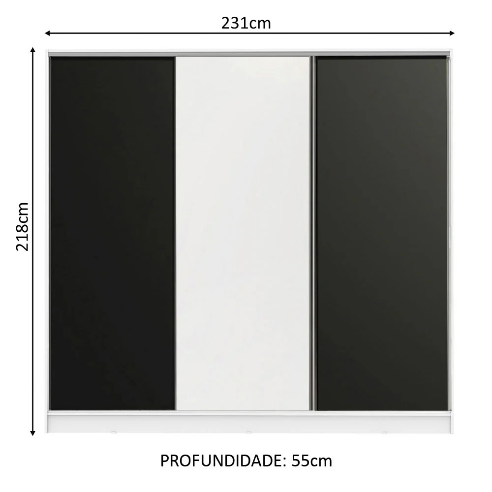 Guarda-Roupa Casal 100% MDF Madesa Royale 3 Portas de Correr Branco/Preto/Branco - Image 3