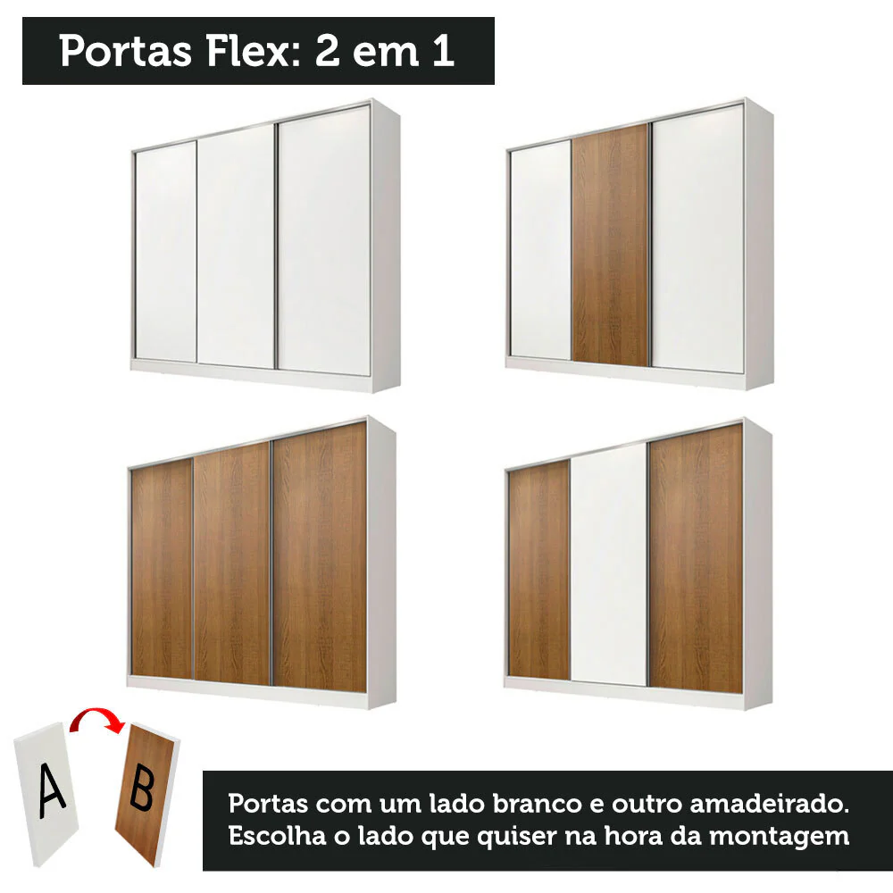Guarda-Roupa Casal 100% MDF Madesa Royale 3 Portas de Correr Branco/Rustic - Image 10