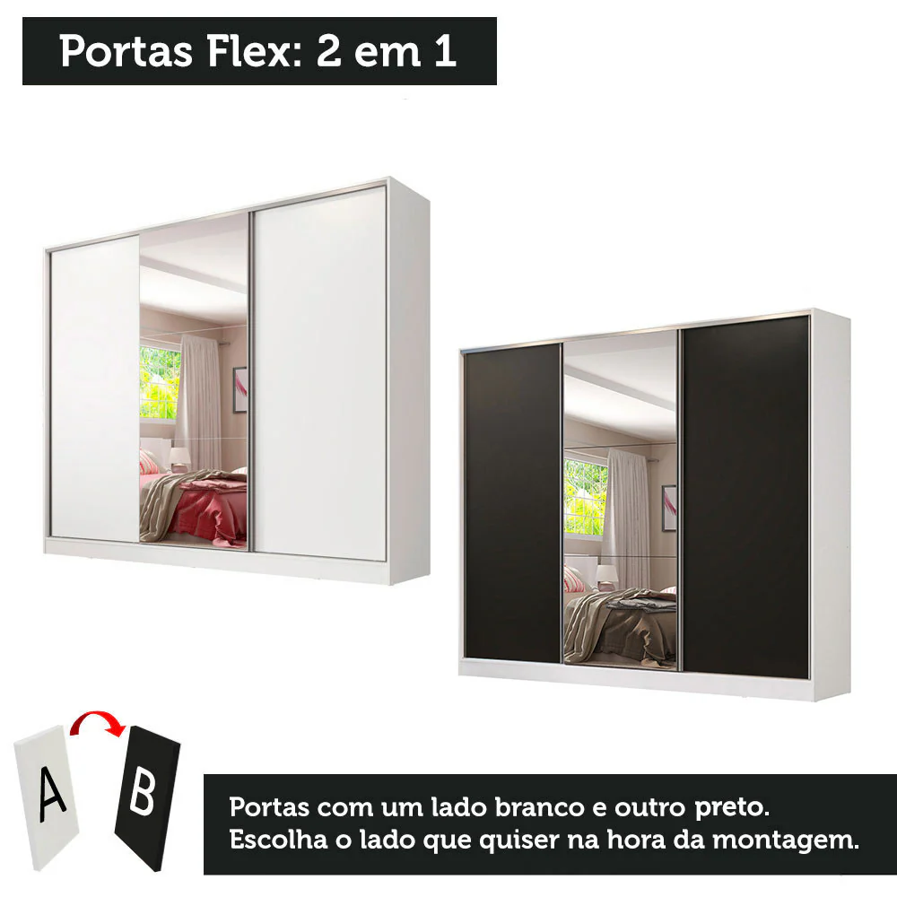 Guarda-Roupa Casal 100% MDF Madesa Royale 3 Portas de Correr com Espelho Branco/Preto - Image 10